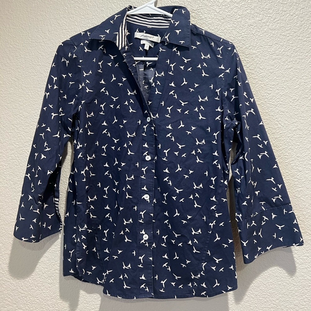 Foxcroft Easy Care Blue Bird Button Up Shirt, S